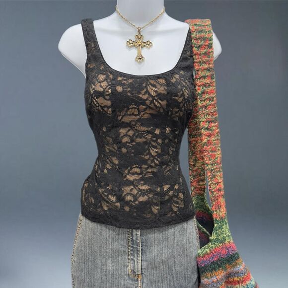 vintage cache black lace zip front corset tank top y2k goth lingerie small - Picture 1 of 7